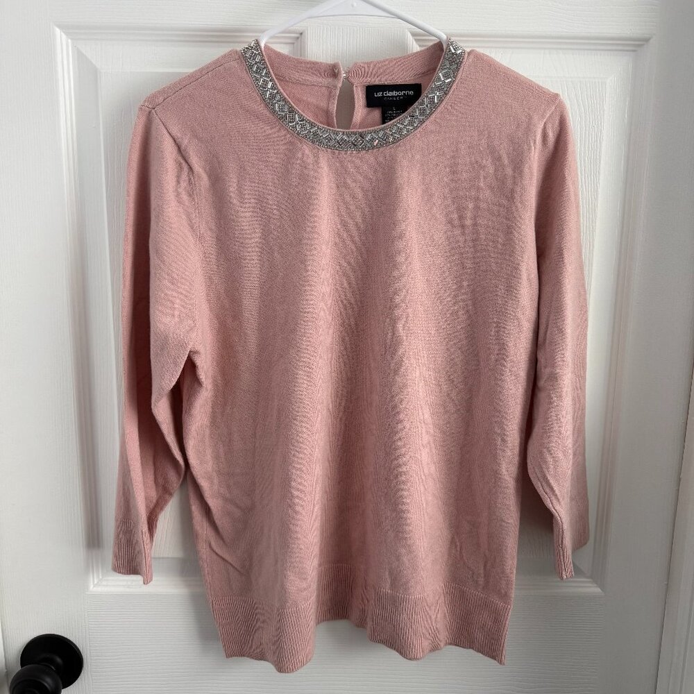 Liz Claiborne Pink Super Soft Long Sleeve Embellished Neckline Sweater Sz L